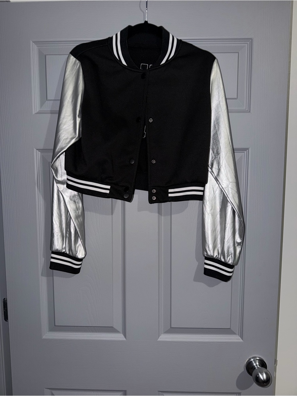 Black & Silver Cropped Varsity Jacket - Women's